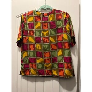 Vintage Jordan‎ Boxy Blouse M Bold Mod Print Vacay Top Summer Polyester